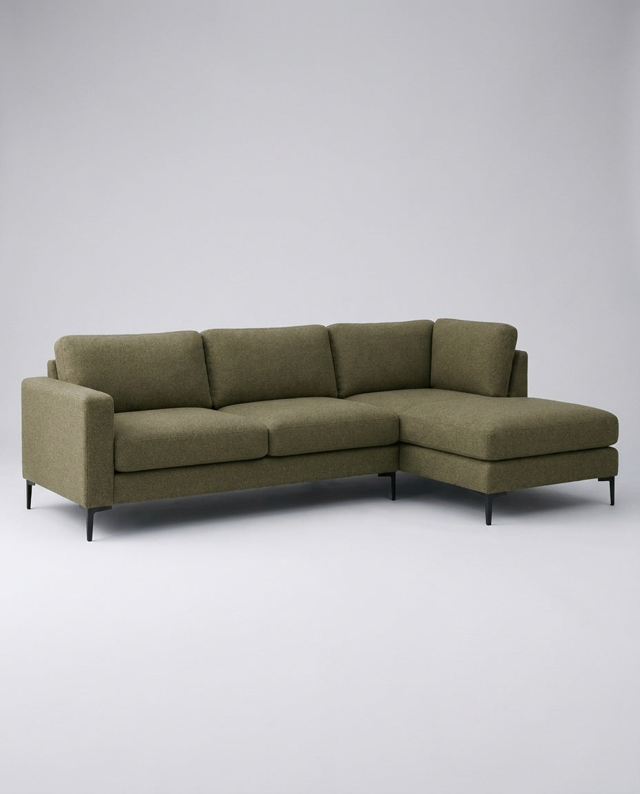 The Frae Chaise Sofa — Olive Green Fabric — three-quarter view