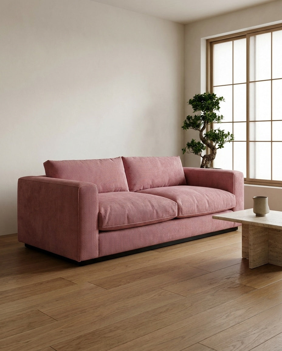 The Lazi Boi Lounge — Rose Pink Corduroy in a living room