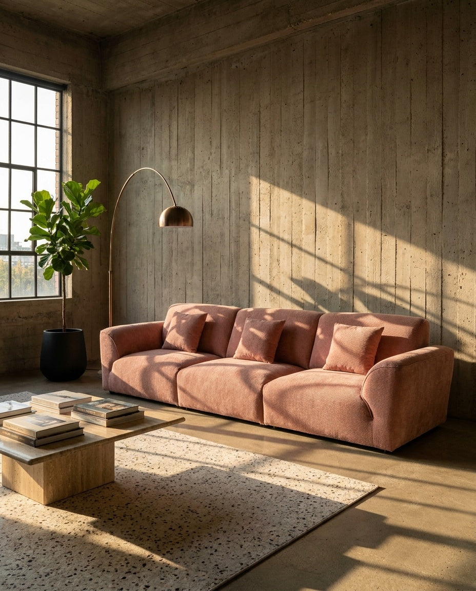 The Lounger Sofa — Rose Corduroy in a living room setting