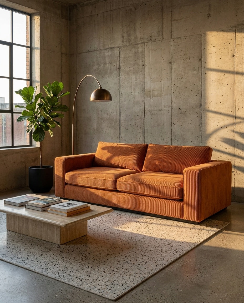 The Lazi Boi Lounge — Orange Corduroy in a living room