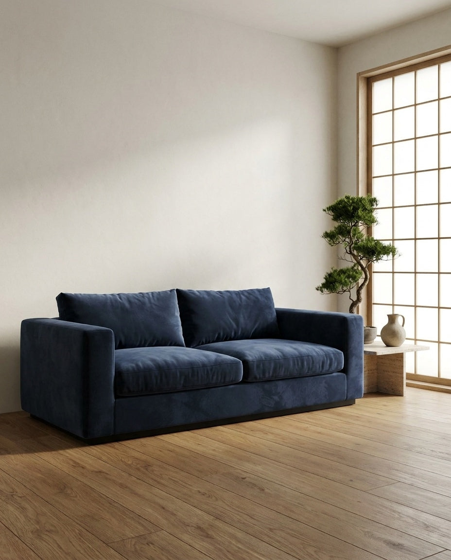 The Lazi Boi Lounge — Navy Velvet in a living room