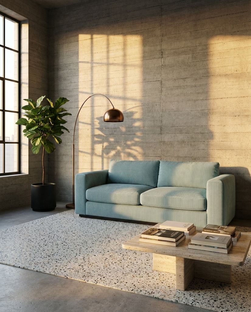 The Lazi Boi Lounge — Sky Blue Corduroy in a living room