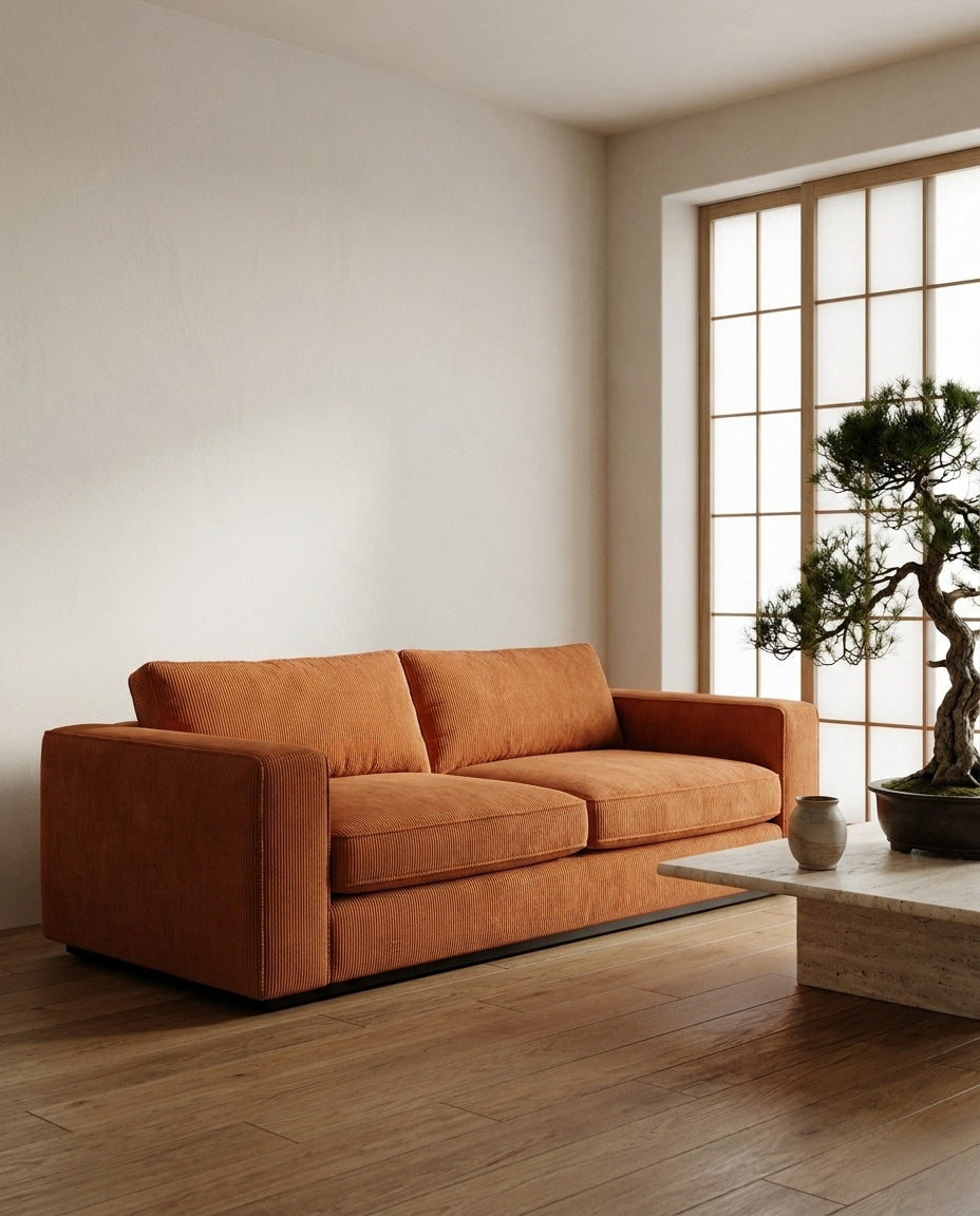 The Lazi Boi Lounge — Orange Corduroy in a living room