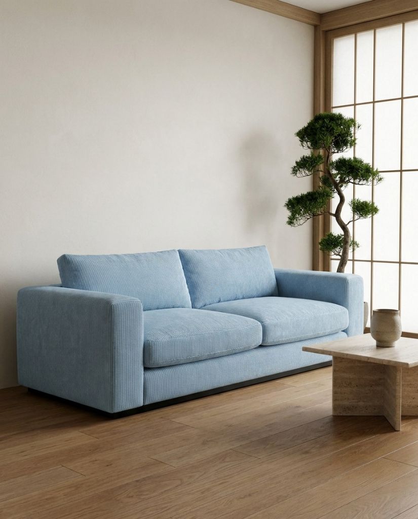 The Lazi Boi Lounge — Sky Blue Corduroy in a living room