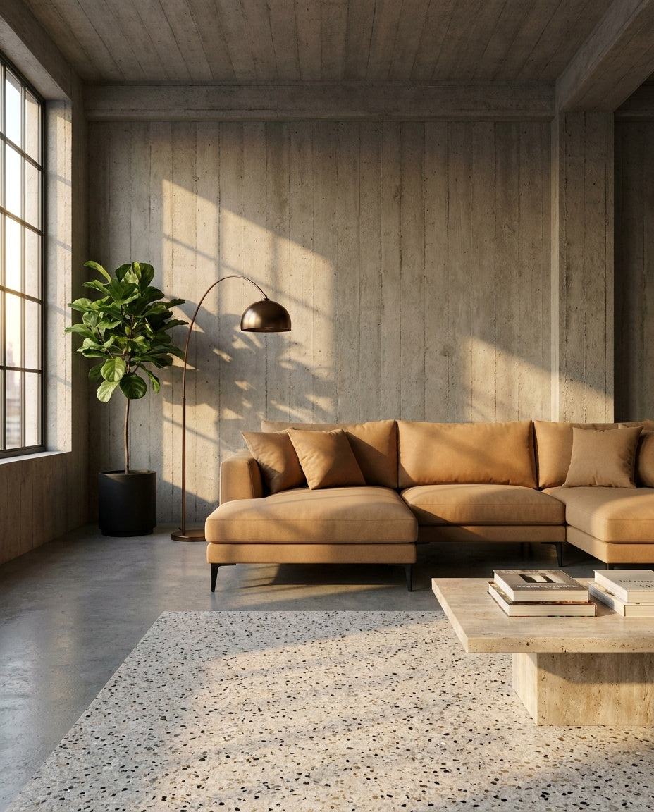 The Frae Chaise Sofa — Camel Suede in a living room setting