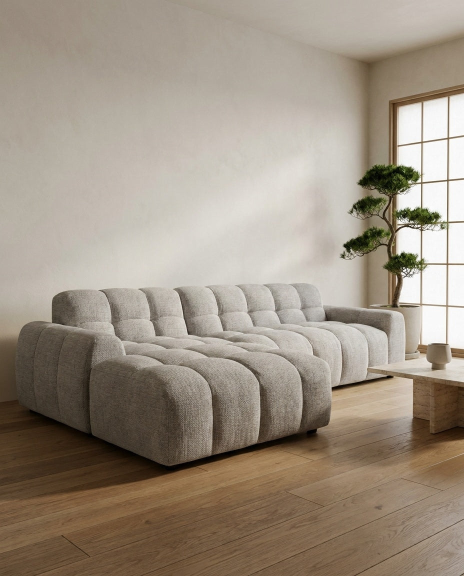 The Cloud Sectional — Dove Grey Linen styled in a living room