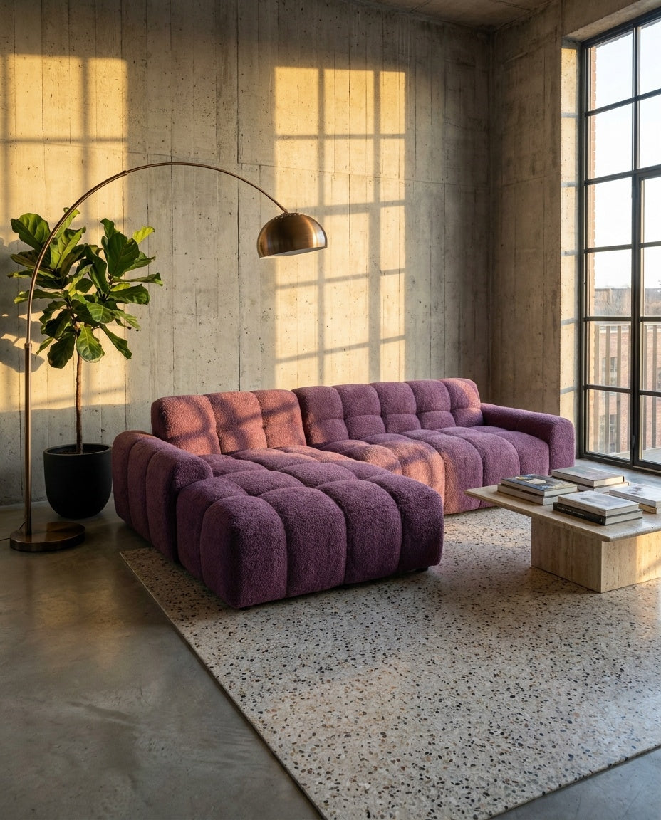The Marshmallow Sectional — Plum Bouclé in a living room setting