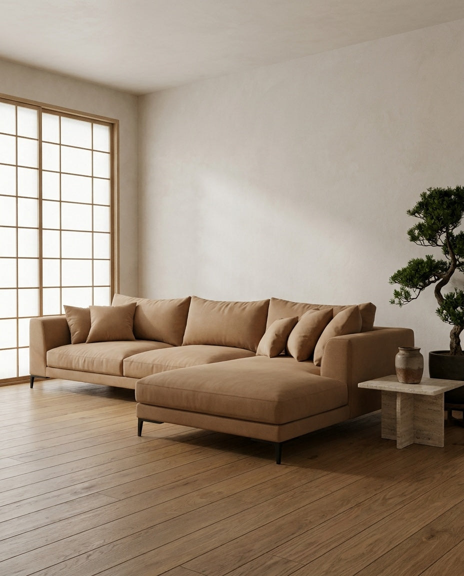 The Frae Chaise Sofa — Camel Suede styled in a living room