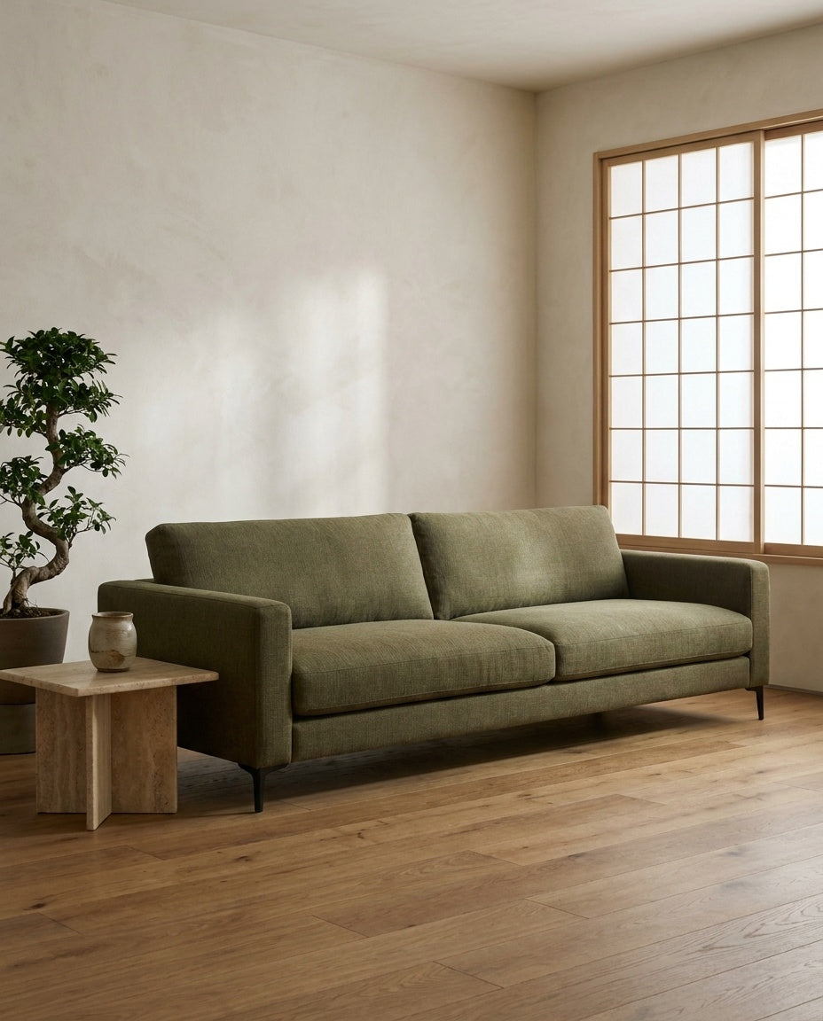 The Frae Sofa — Olive Green styled in a living room