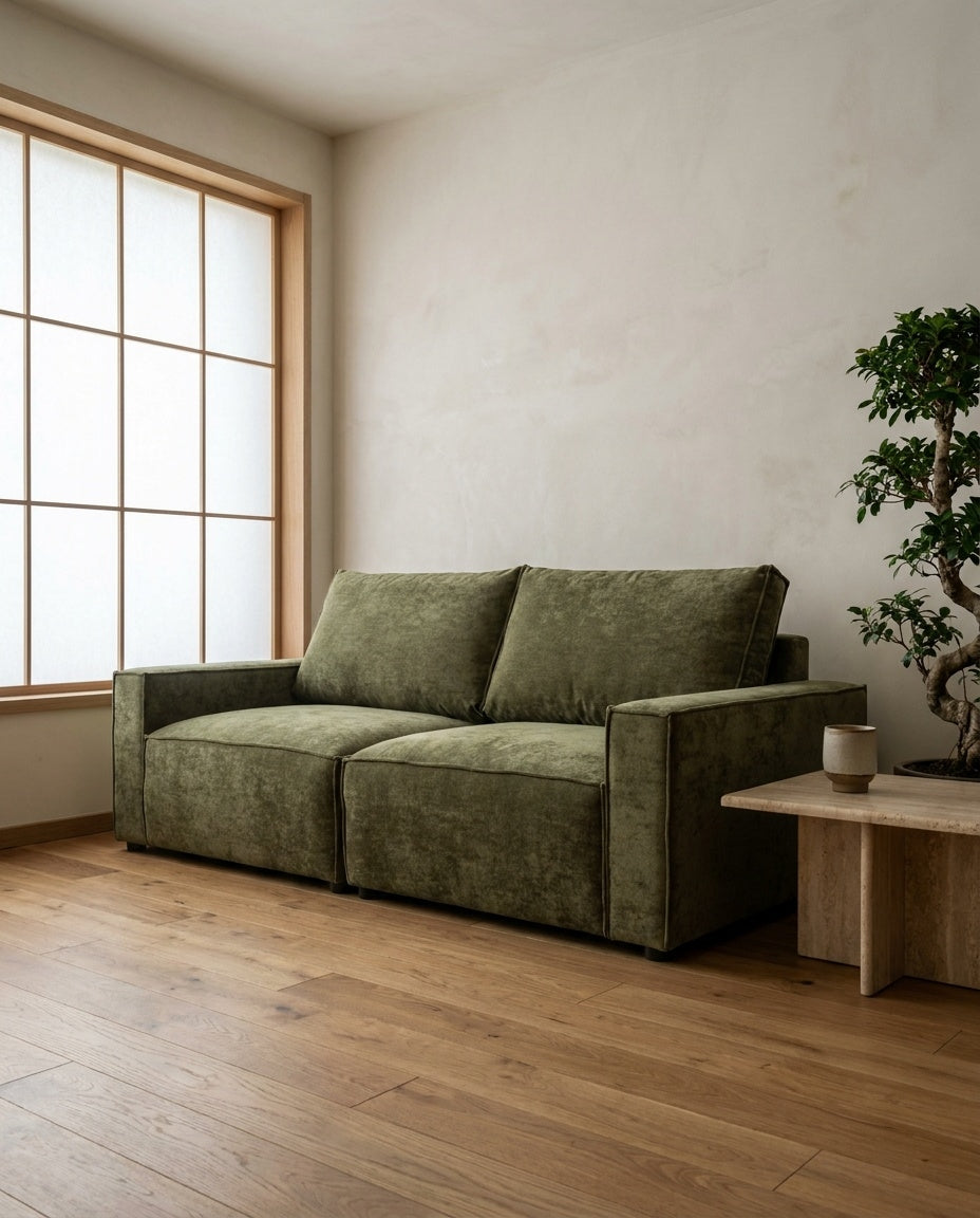 The Cloud Loveseat — Olive Velvet styled in a living room