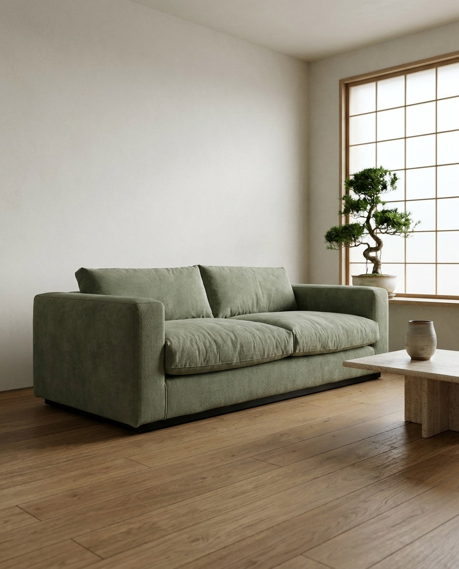 The Lazi Boi Lounge — Sage Green Corduroy in a living room