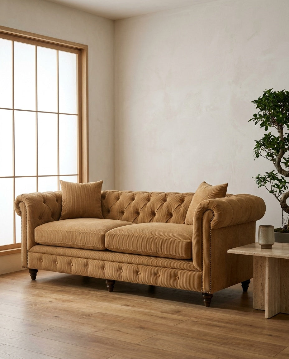 The Chesterfield — Ochre Corduroy styled in a living room