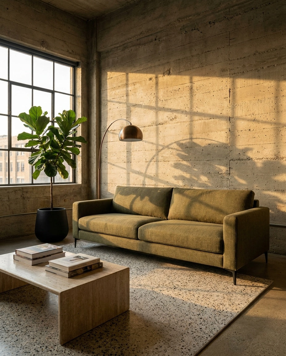 The Frae Sofa — Olive Green in a living room setting