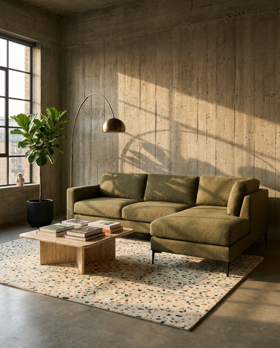 The Frae Chaise Sofa — Olive Green Fabric in a living room setting