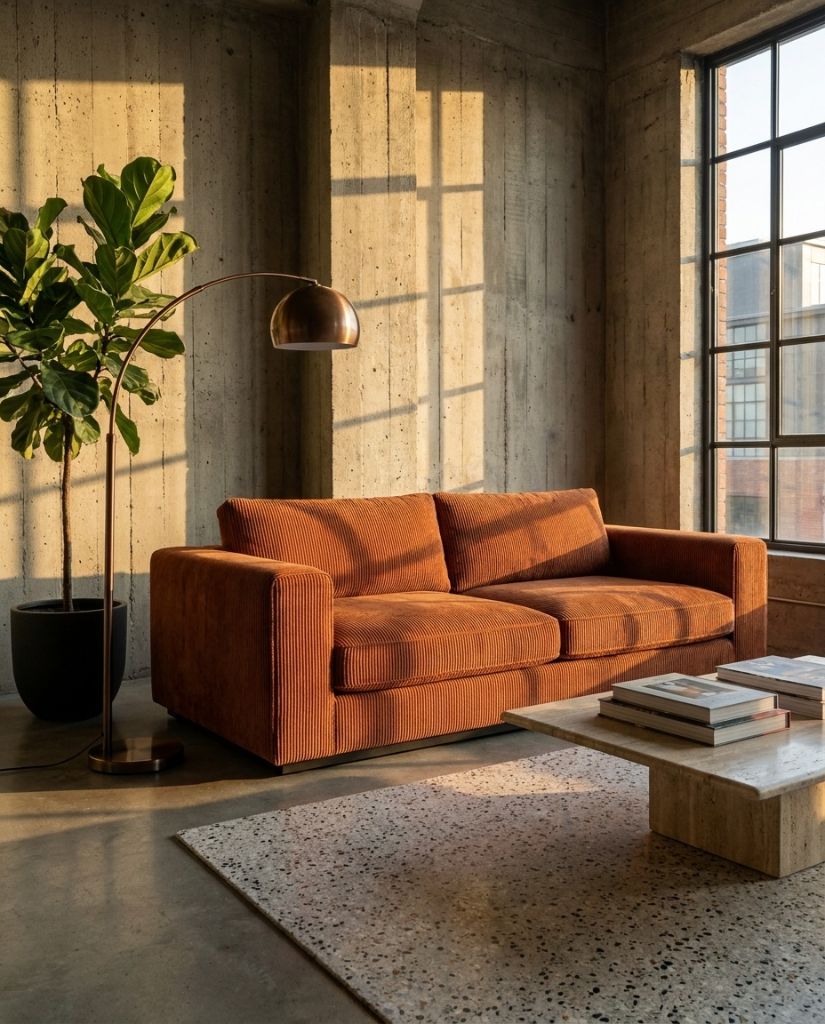 The Lazi Boi Lounge — Rust Corduroy in a living room