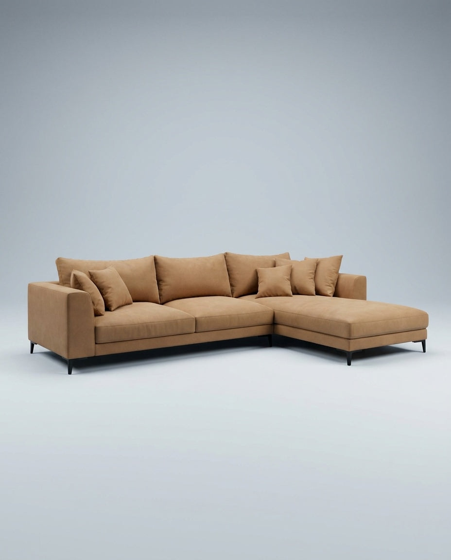 Sahara Chaise Sofa — Camel in a living room
