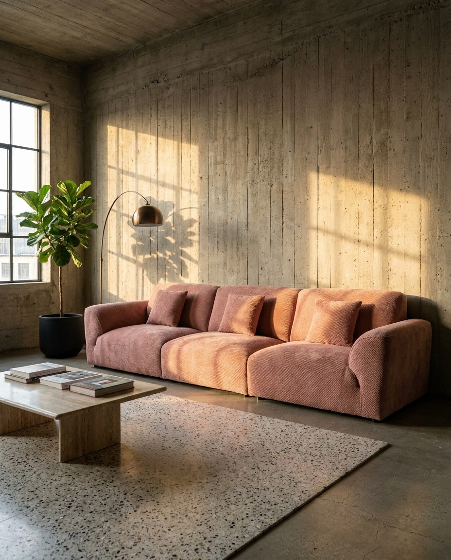 The Pillow Sofa — Rose Corduroy in a living room setting