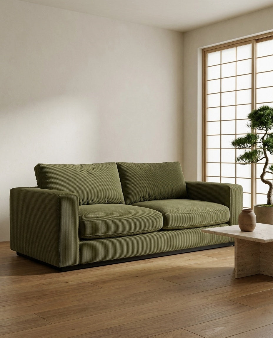 The Lazi Boi Lounge — Olive Green Corduroy in a living room