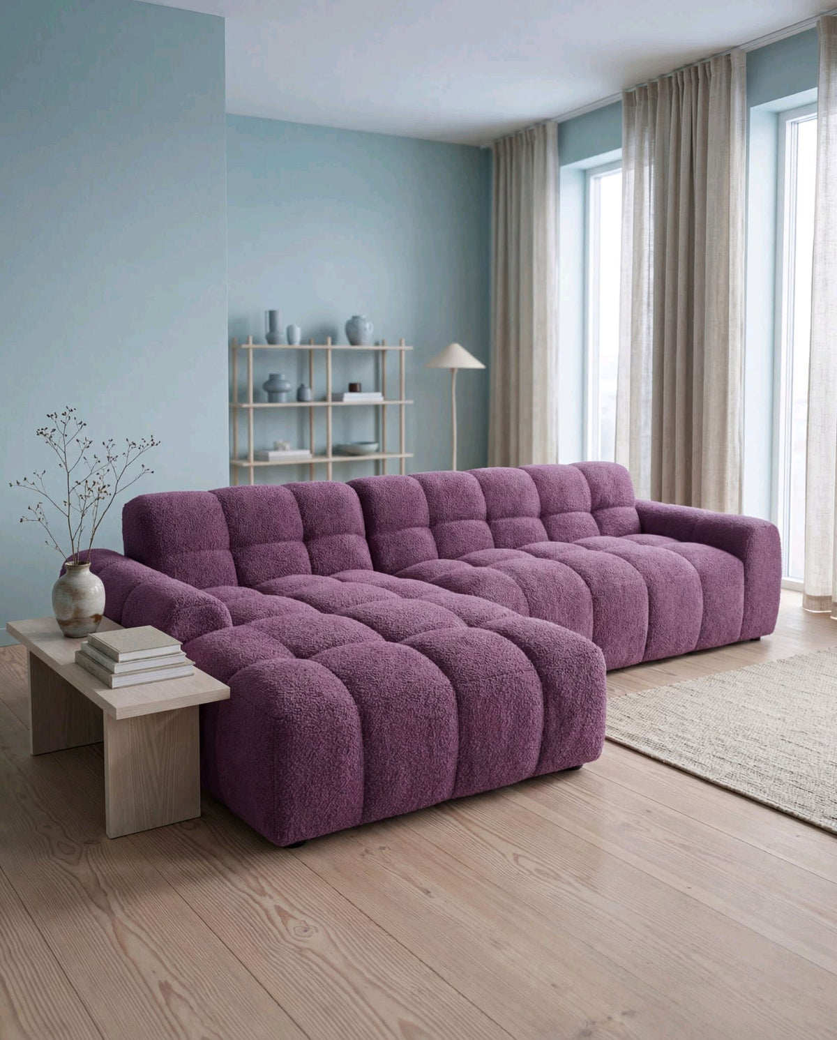 The Marshmallow Sectional — Plum Bouclé in a living room