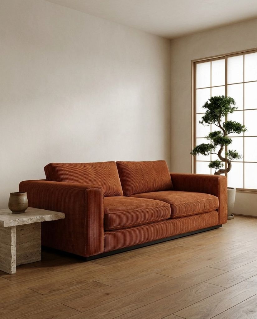 The Lazi Boi Lounge — Rust Corduroy in a living room