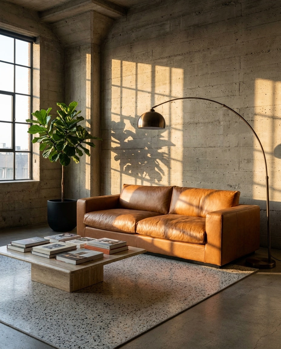 The Frae Loveseat — Cognac Leather in a living room setting
