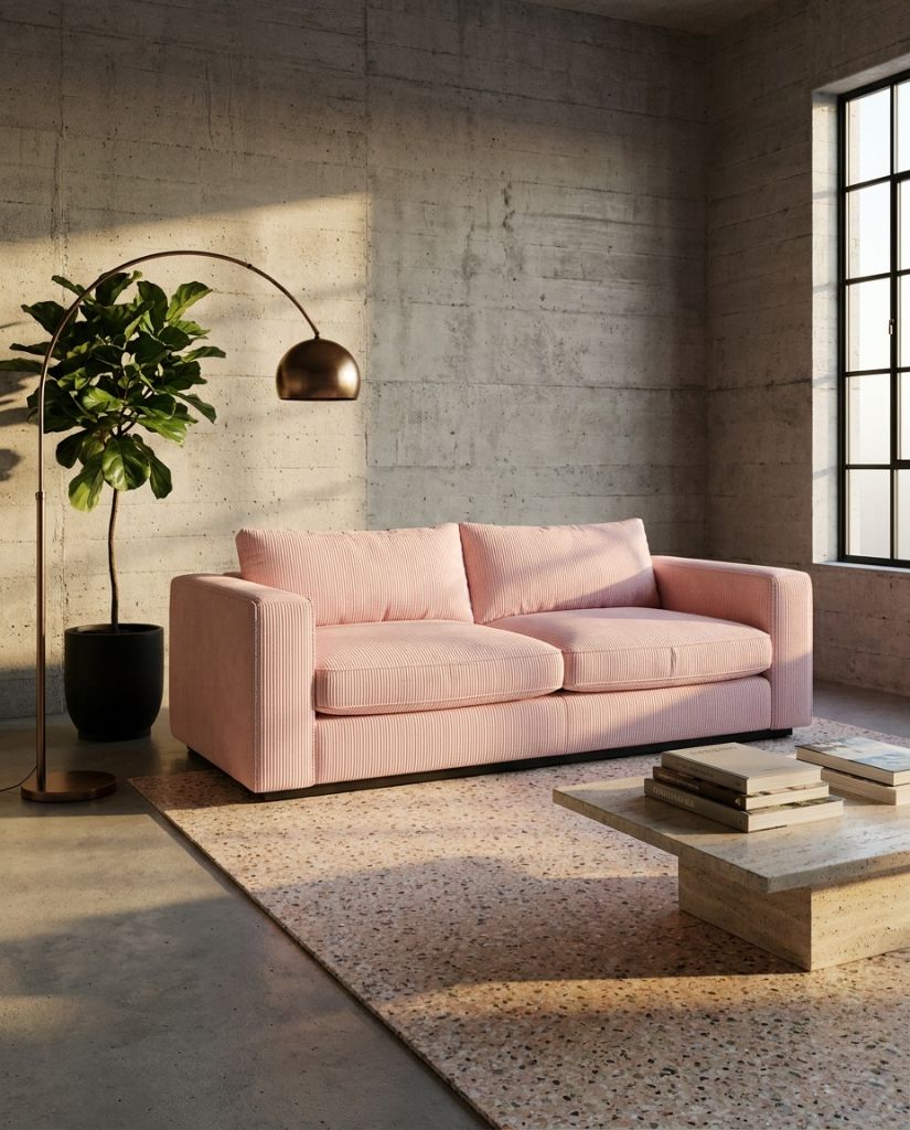 The Lazi Boi Lounge — Blush Pink Corduroy in a living room