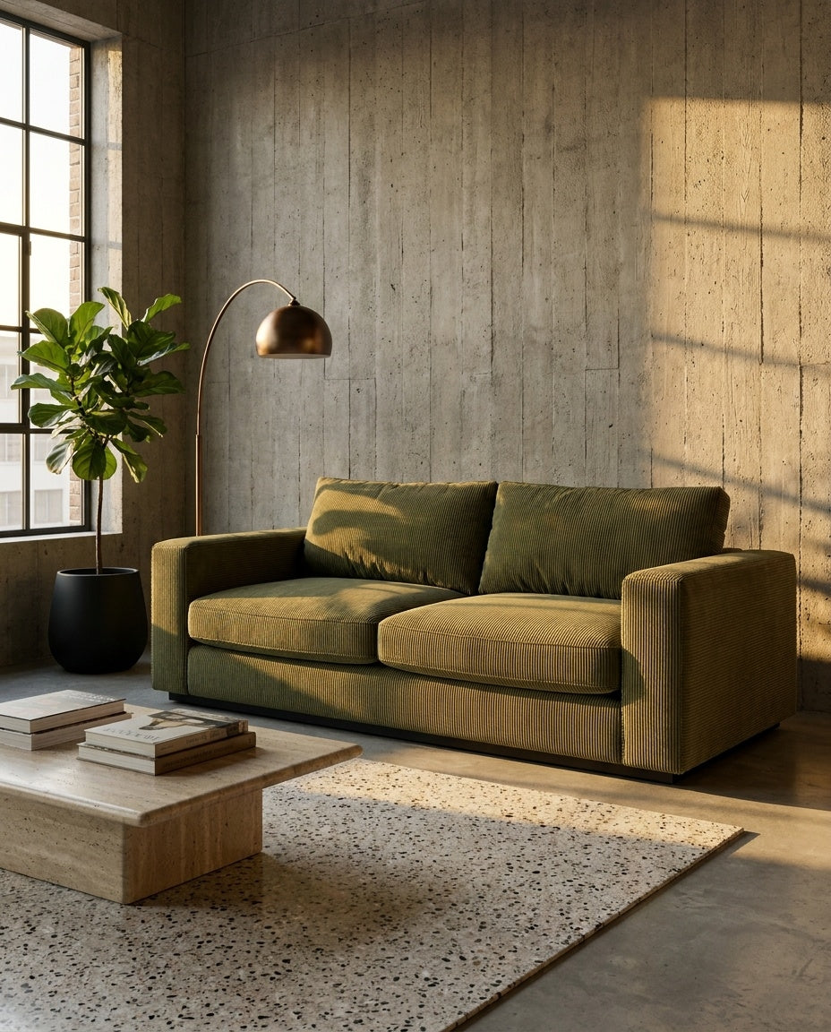The Lazi Boi Lounge — Olive Green Corduroy in a living room