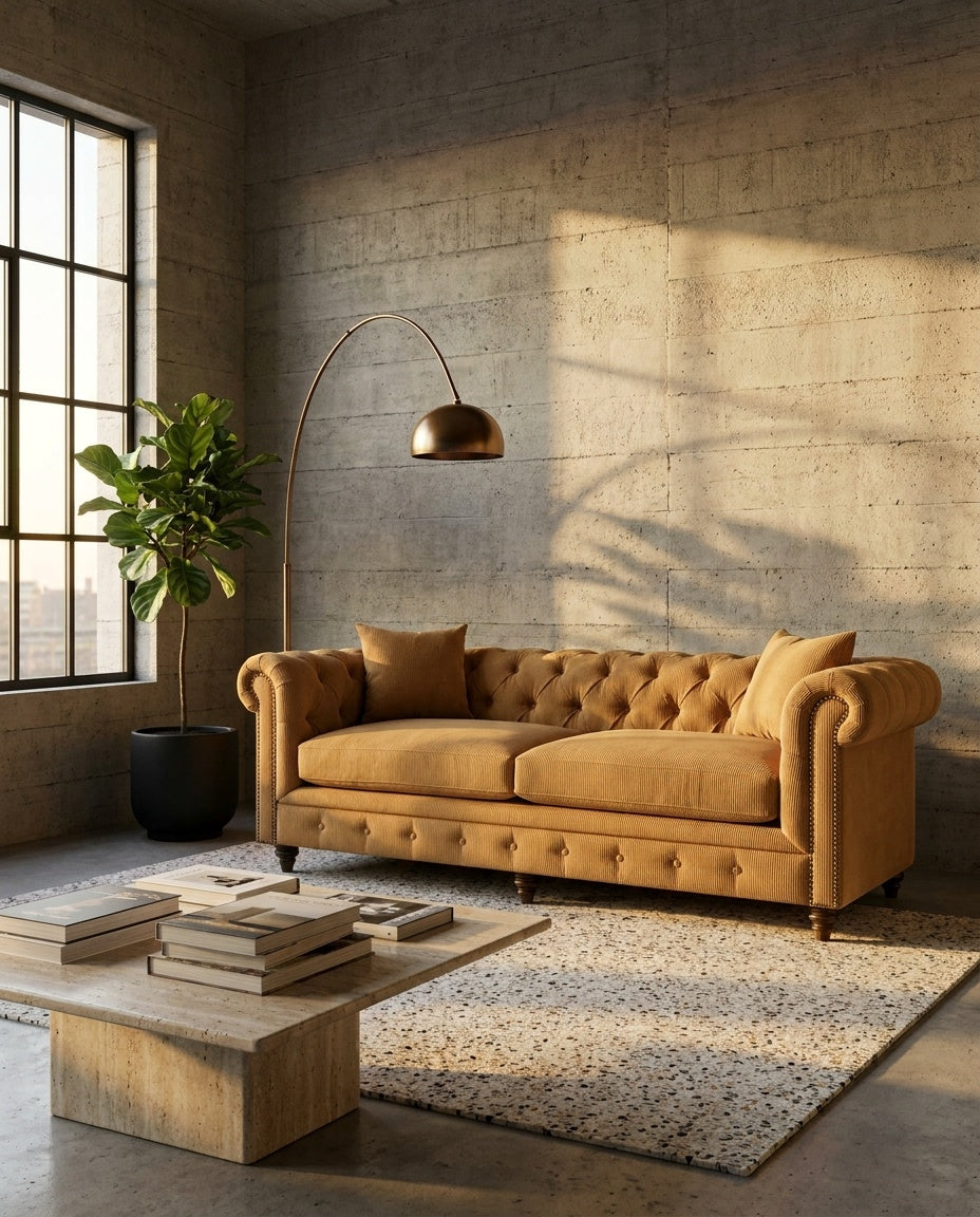 The Chesterfield — Ochre Corduroy in a living room setting