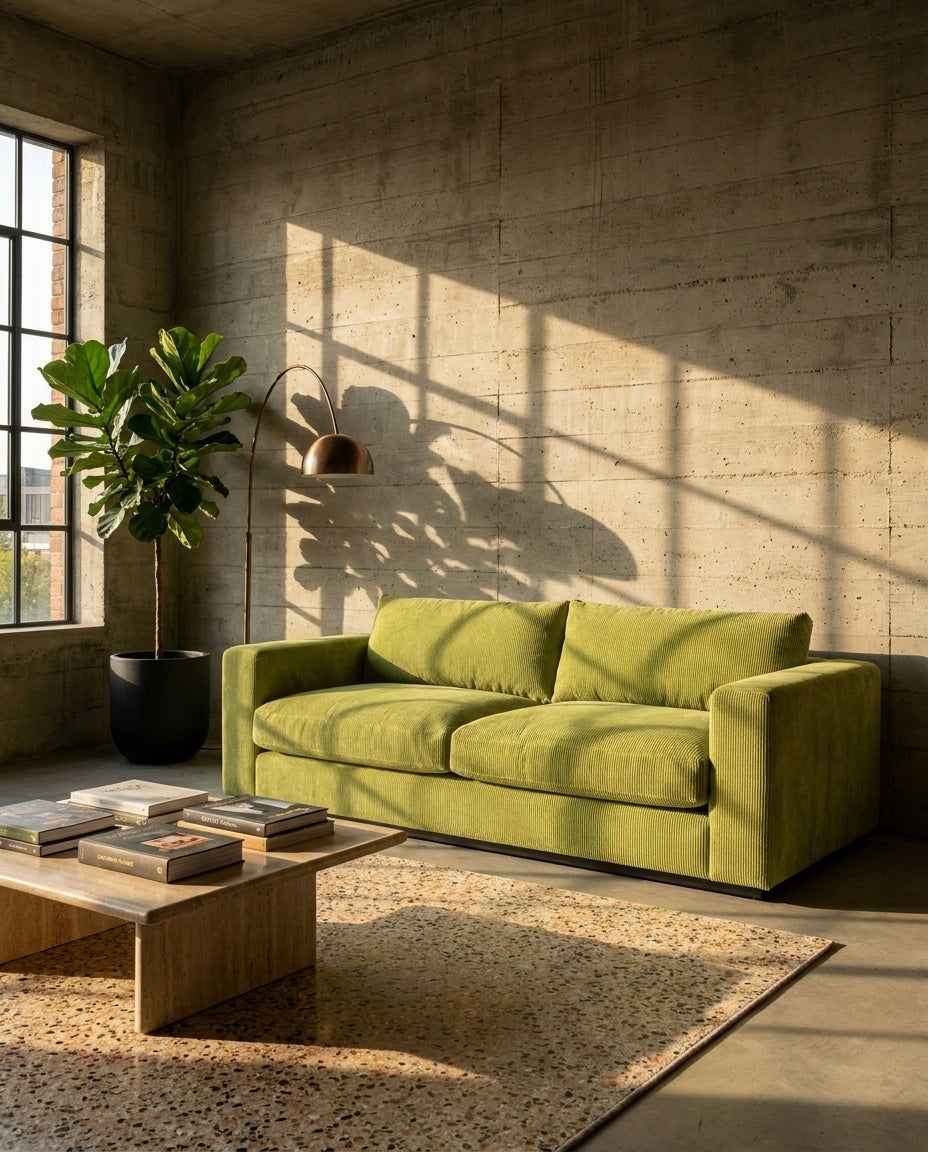The Lazi Boi Lounge — Lime Green Corduroy in a living room