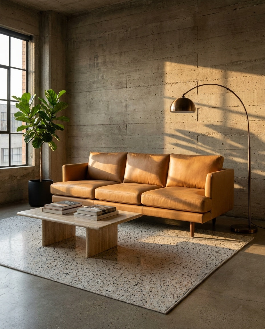 The Nordic Sofa — Tan Leather in a living room setting