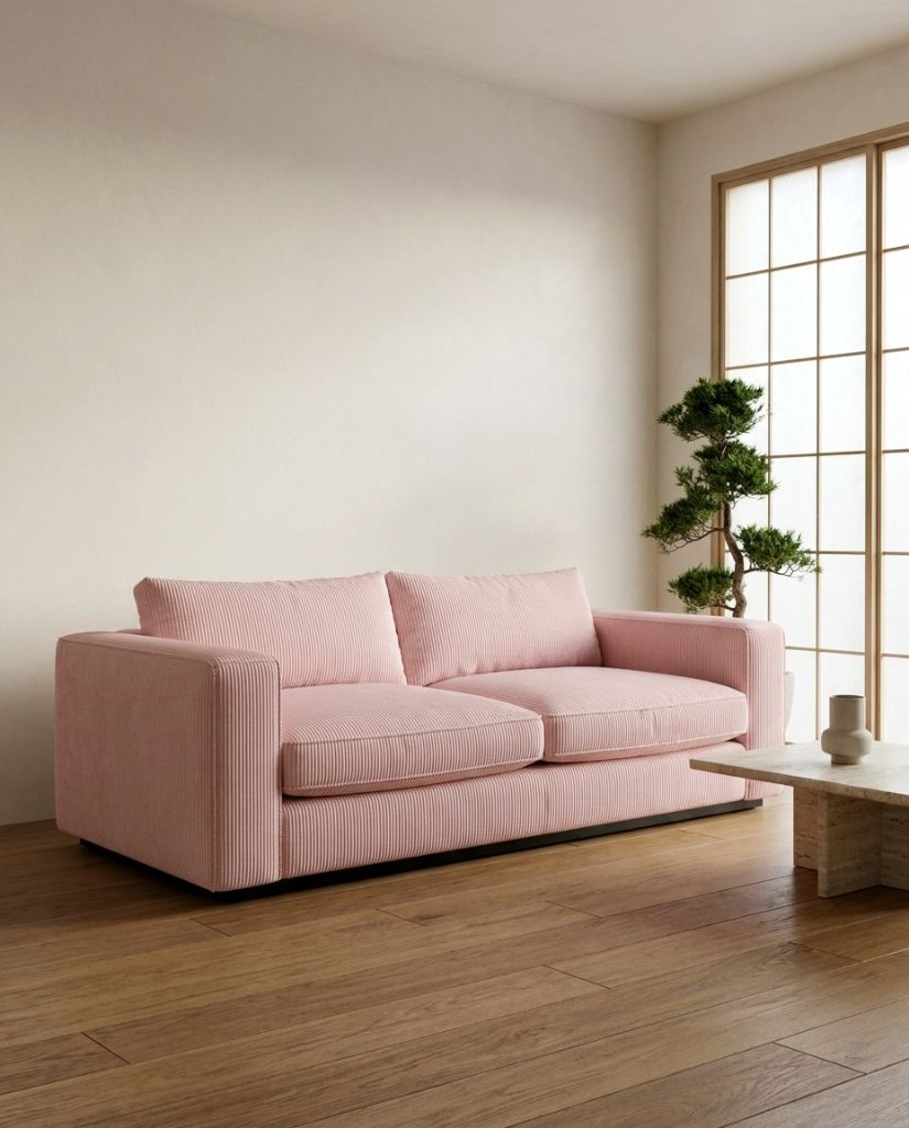 The Lazi Boi Lounge — Blush Pink Corduroy in a living room