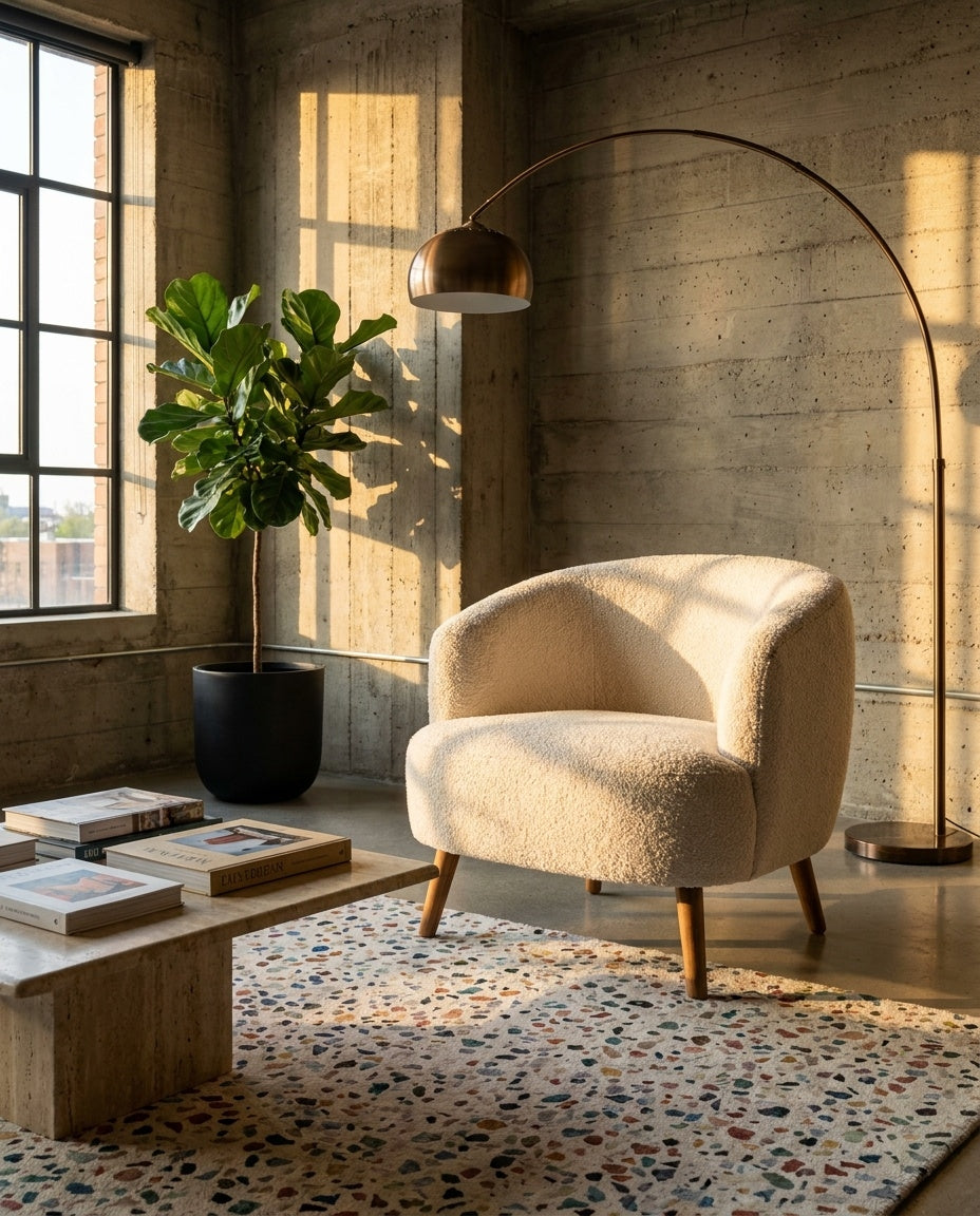 The Pebble Chair — Cream Bouclé in a living room setting