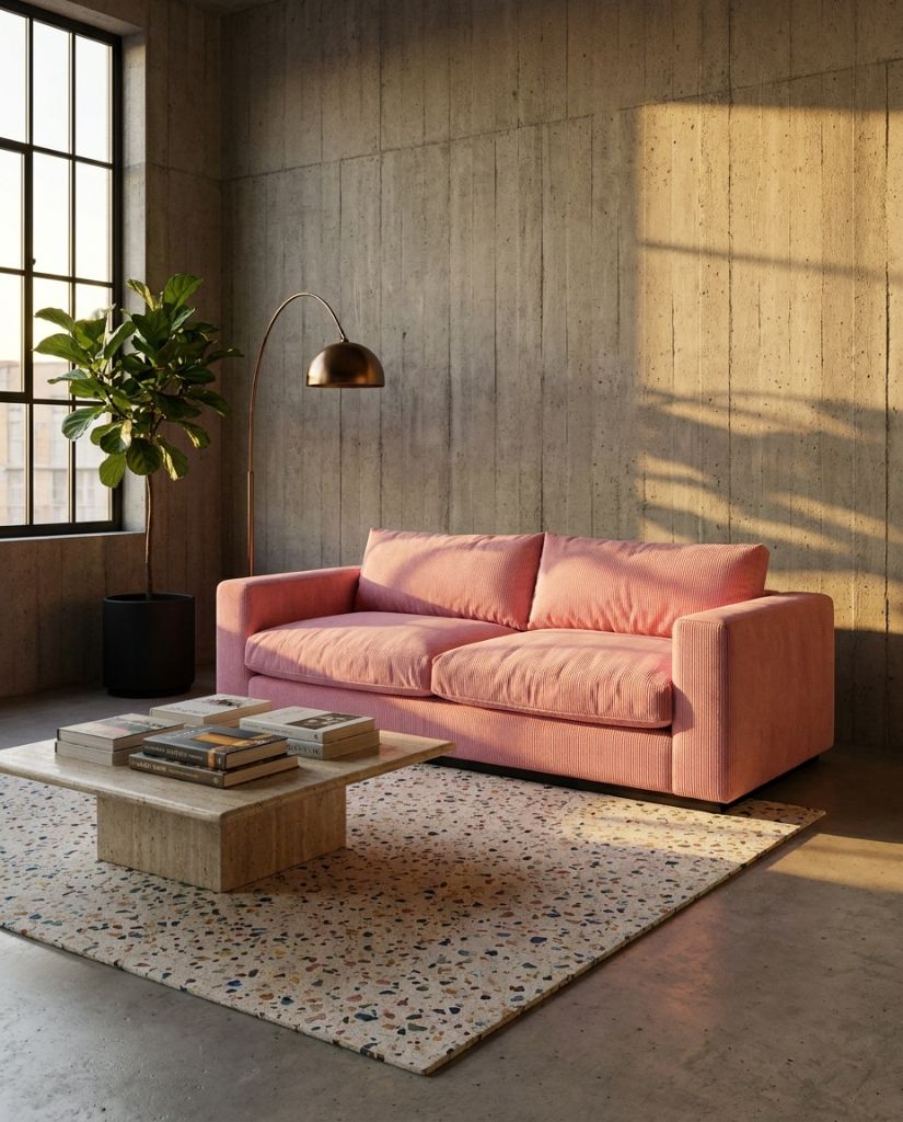 The Lazi Boi Lounge — Candy Pink Corduroy in a living room