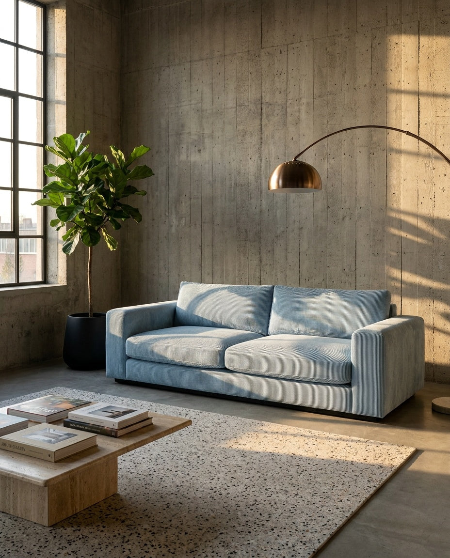 The Lazi Boi Lounge — Baby Blue Corduroy in a living room