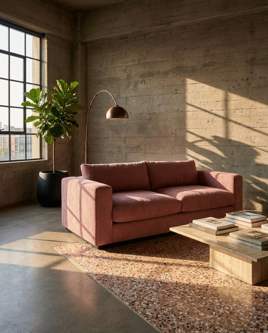 The Lazi Boi Lounge — Rose Pink Corduroy in a living room
