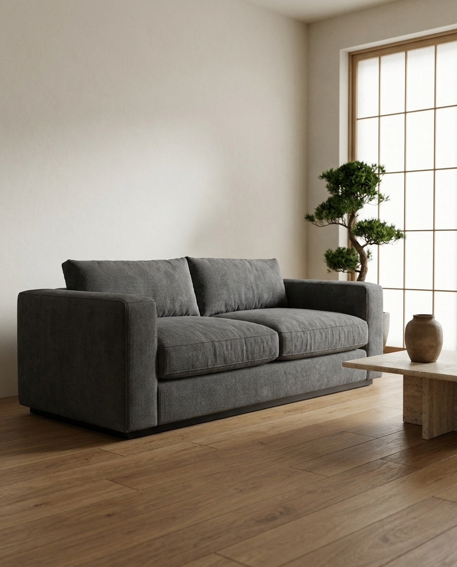 The Lazi Boi Lounge — Dark Grey Corduroy in a living room