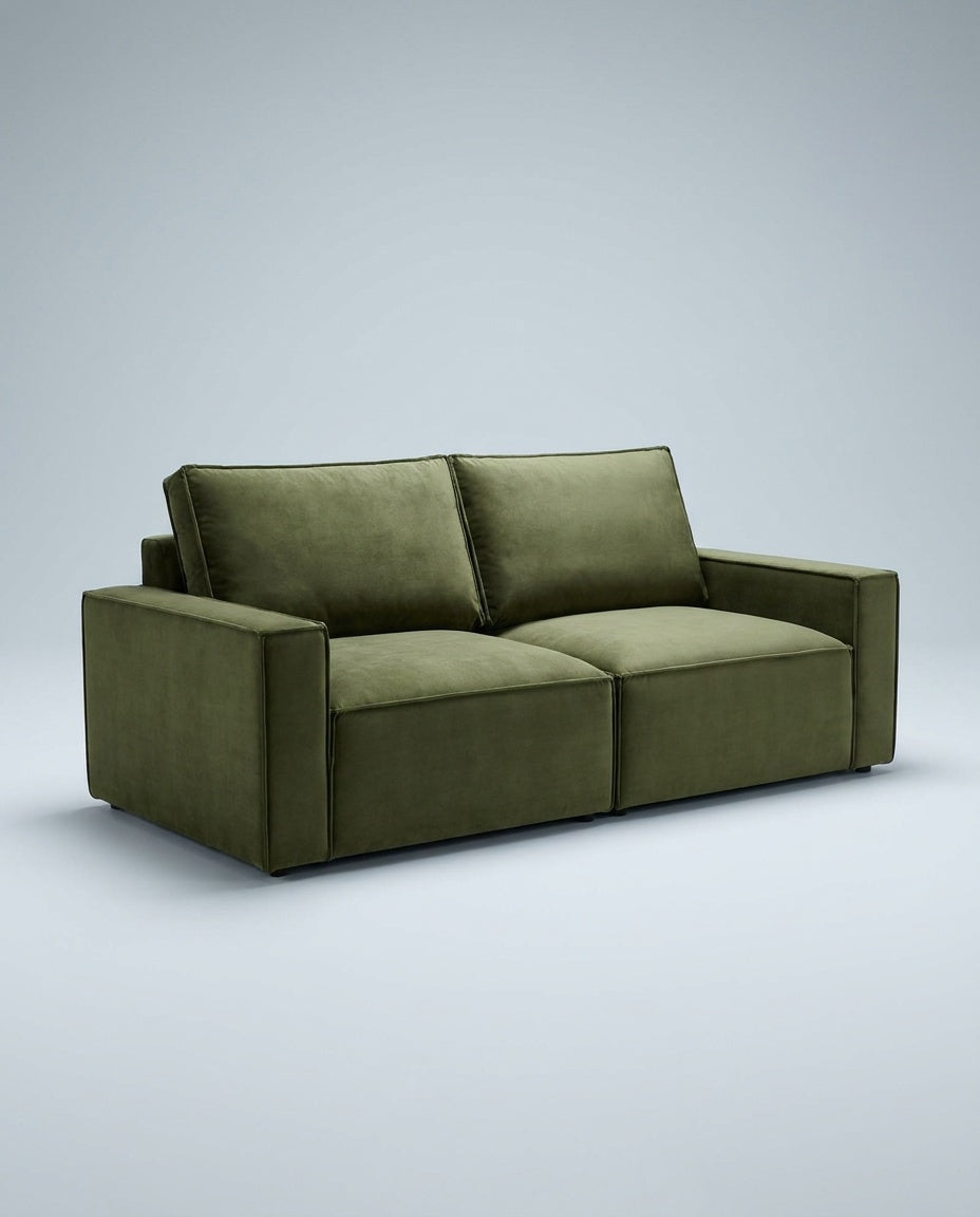 The Cloud Loveseat — Olive Velvet in a living room