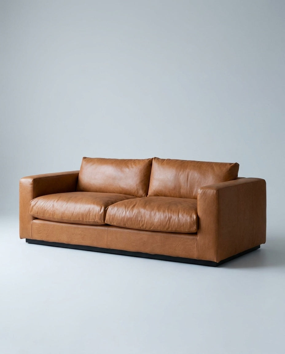 The Frae Loveseat — Cognac Leather — three-quarter view