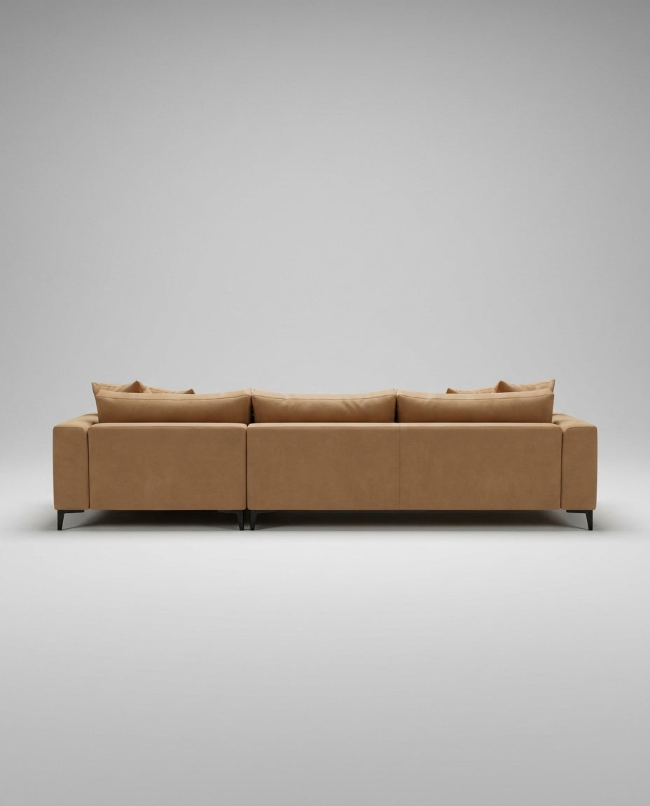 The Frae Chaise Sofa — Camel Suede — back view