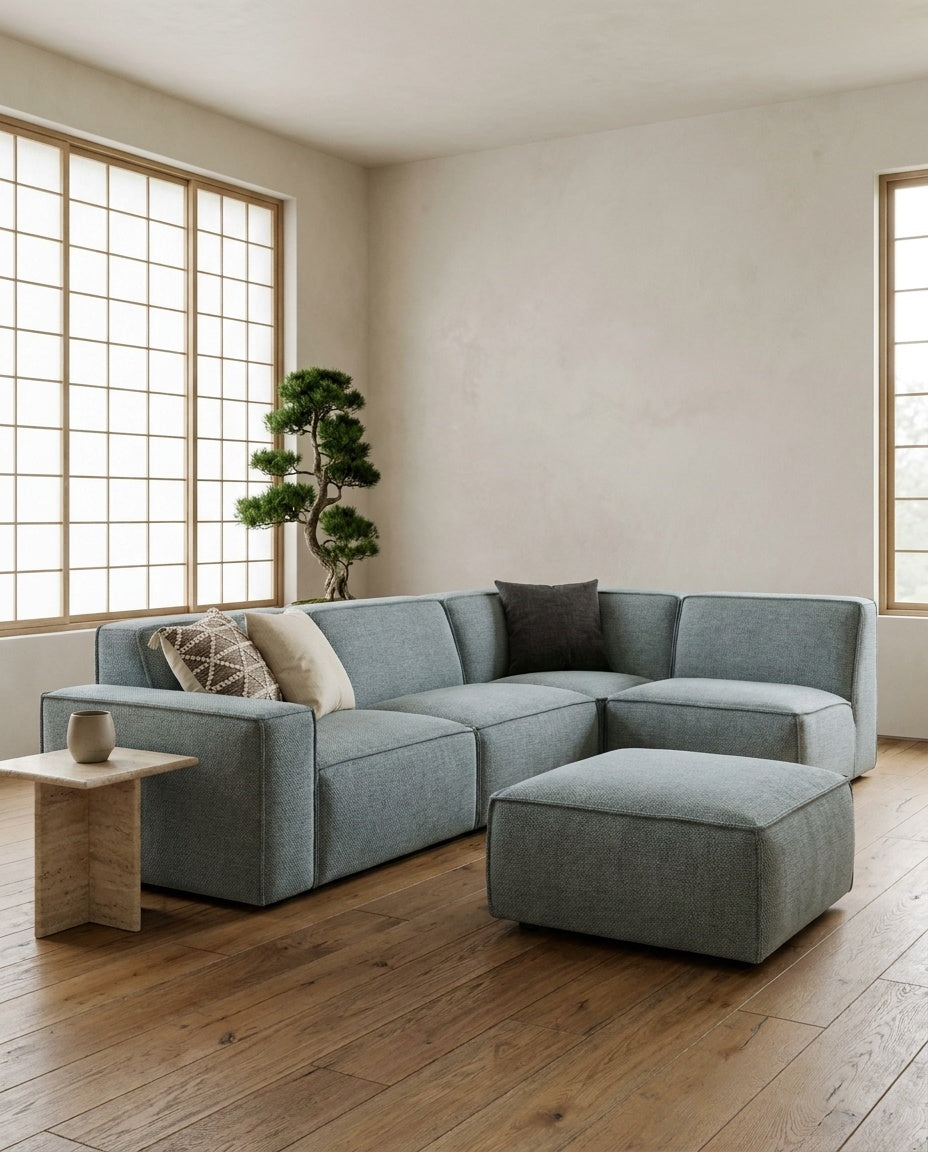 The Haven Corner Sectional — Storm Grey styled in a living room
