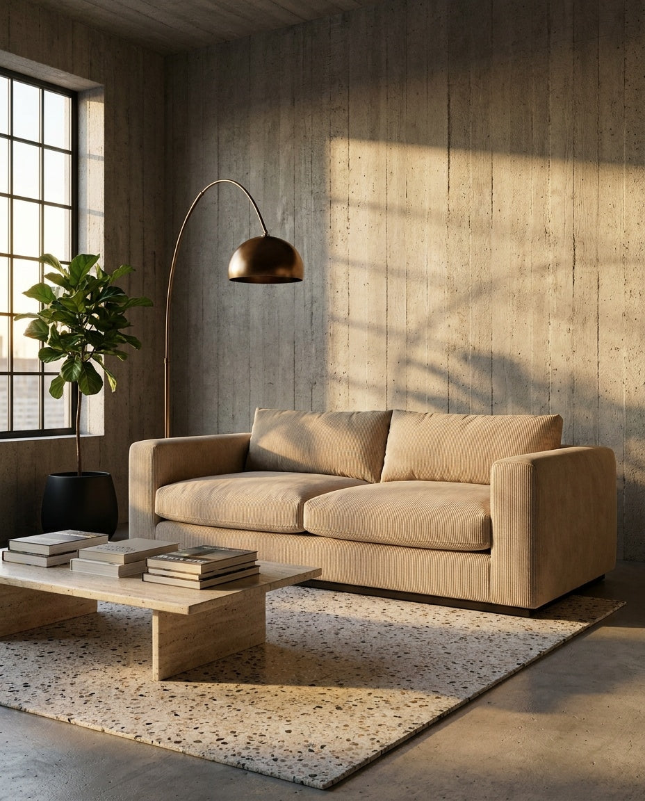 The Lazi Boi Lounge — Beige Corduroy in a living room
