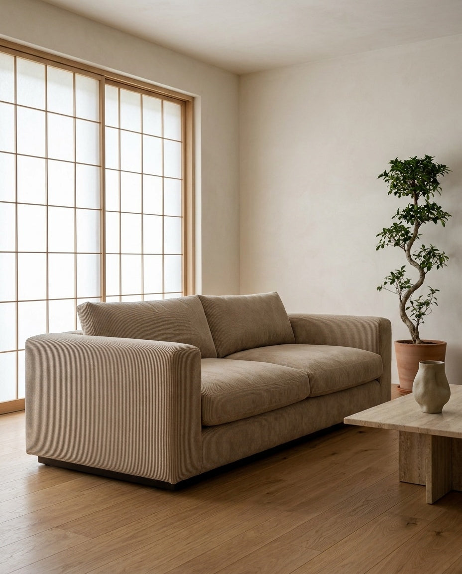 The Lazi Boi Lounge — Beige Corduroy in a living room