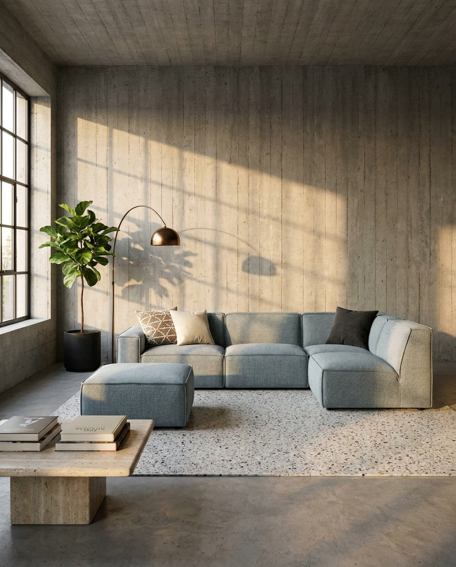The Haven Corner Sectional — Storm Grey in a living room setting