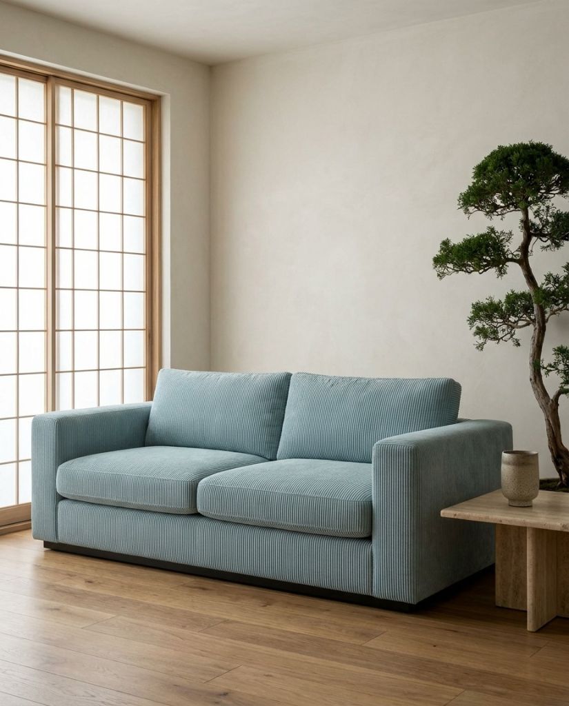 The Lazi Boi Lounge — Sky Blue Corduroy in a living room