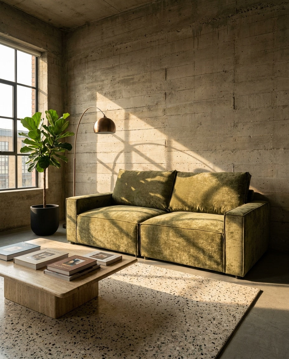 The Cloud Loveseat — Olive Velvet in a living room setting