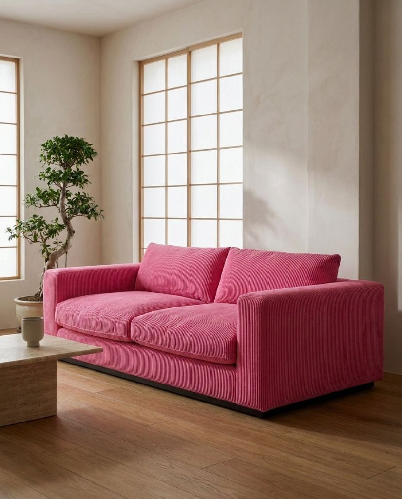 The Lazi Boi Lounge — Hot Pink Corduroy in a living room